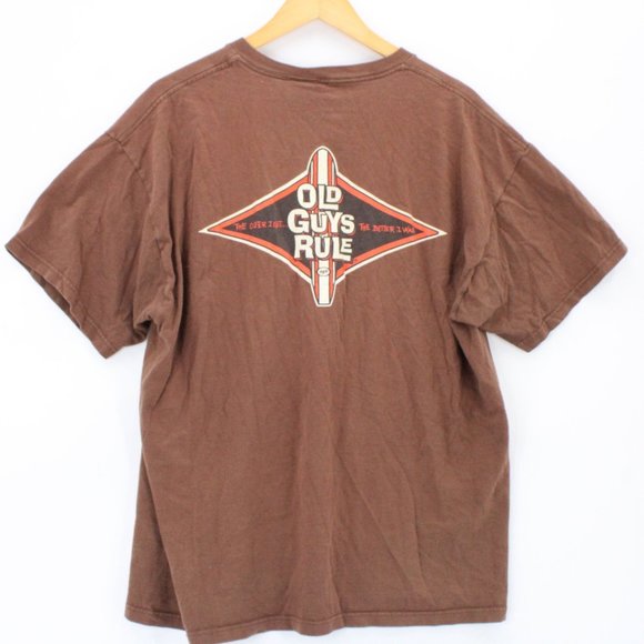 Vintage Old Guys Rule Shirt Mens Brown Short Sleeve Big Logo Graphic Size XL Y2K - Picture 1 of 9